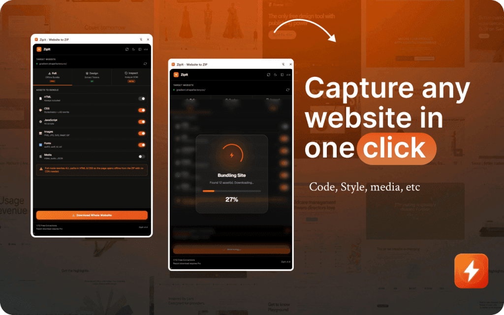 ZipIt — Extract Code, Colors, Fonts & Assets from Any Website screenshot 1