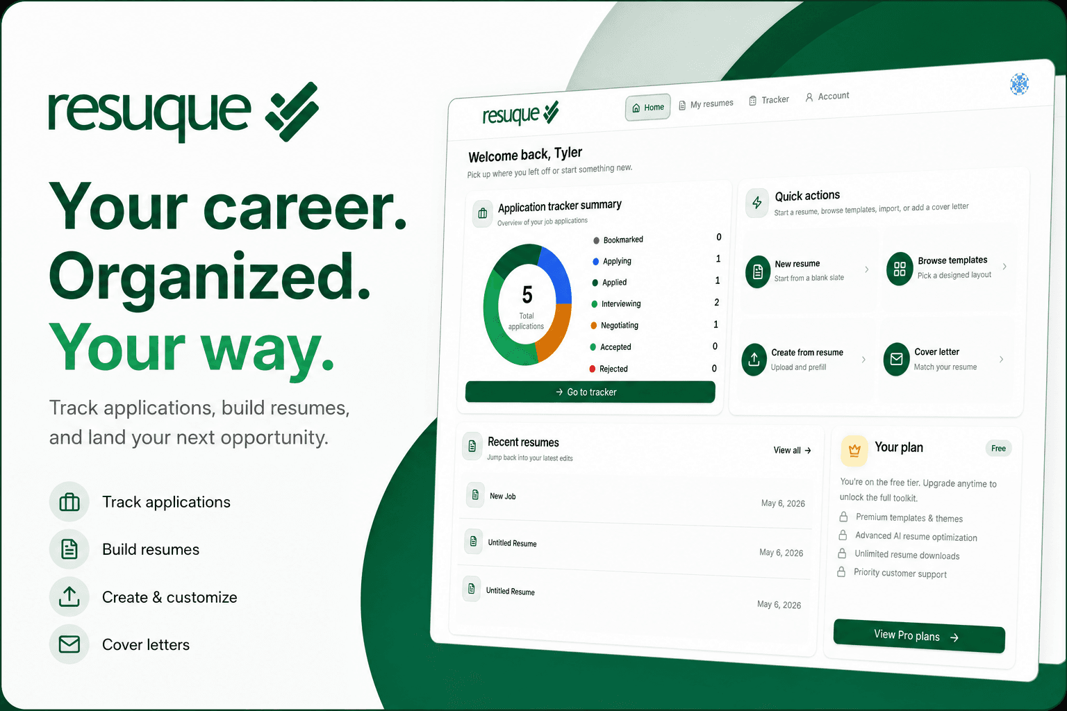 Resuque - Free AI Resume Builder & ATS Resume Checker — Build ATS-friendly resumes tailored to any job.