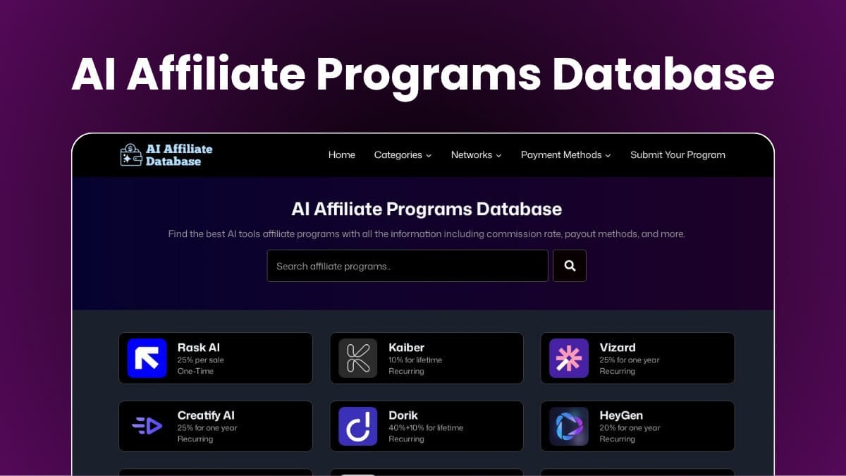AI Affiliate Programs Database - Find the best AI tools affiliate programs.