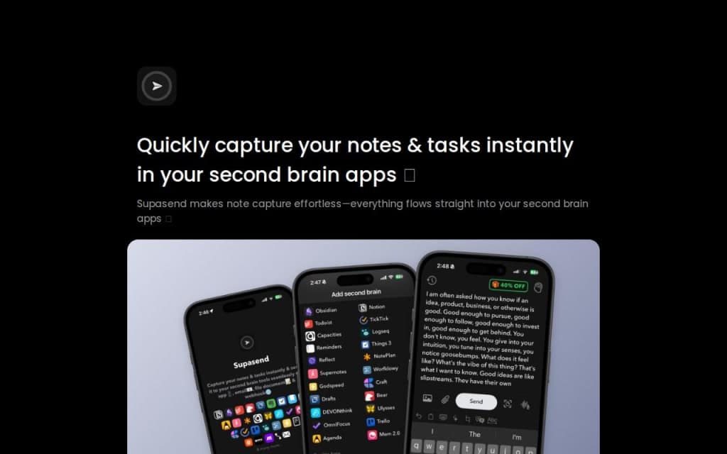 Quick notes - Supasend - Quickly capture your notes & tasks instantly in your second brain apps 🧠