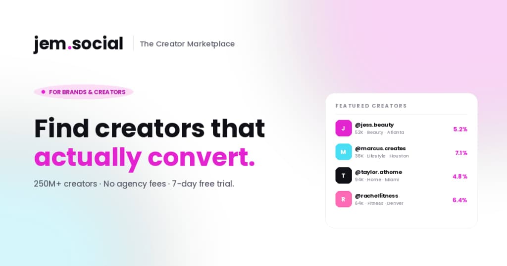 Jem Social - Skyrocket your apps revenue with UGC creators without paying $200+/mo to manage.