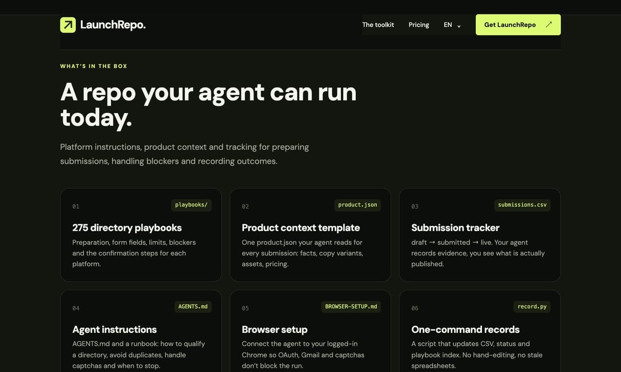 LaunchRepo - Directory playbooks your AI coding agent runs for you