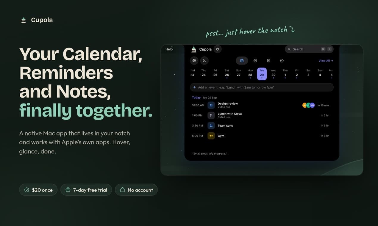 Cupola - Apple Calendar, Reminders & Notes, together in one Mac app
