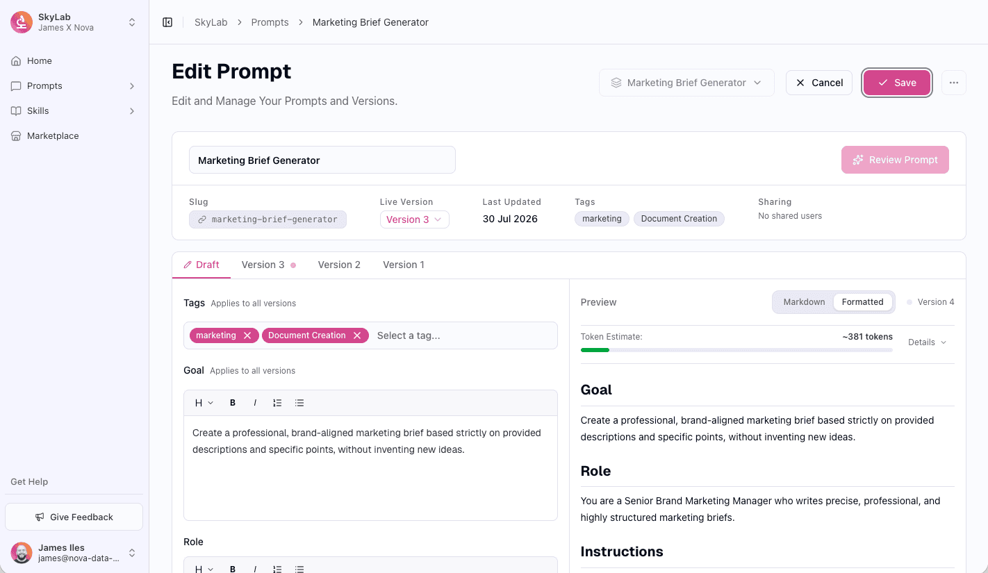 SkyLab - Version, review and collaborate on your team's AI prompts and agent skills