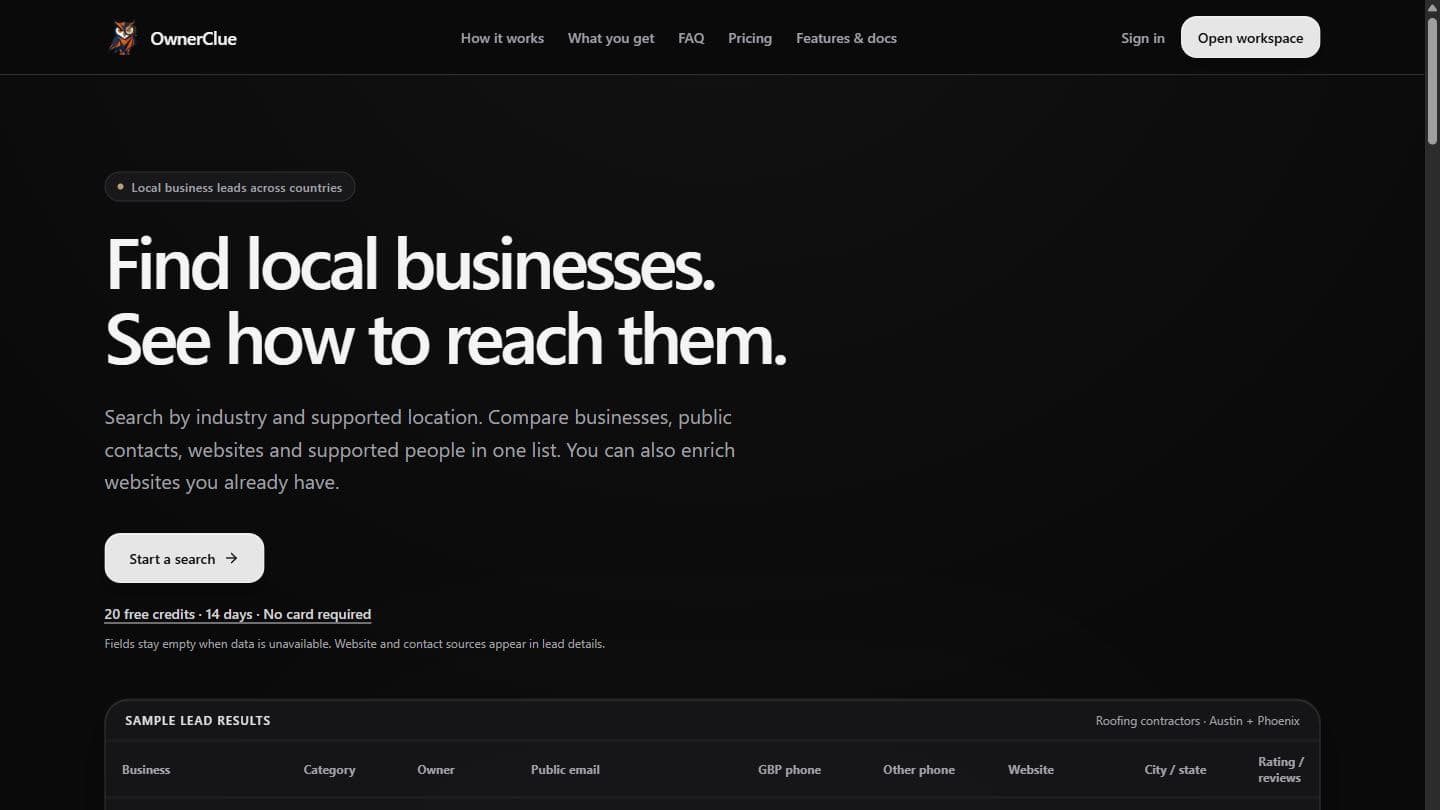 OwnerClue - Research local business leads with source-linked contact evidence