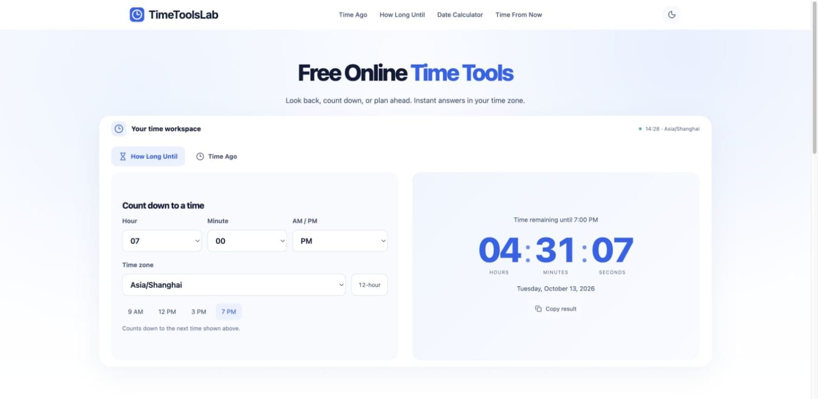 TimeToolsLab - Free online time tools for everyday questions.