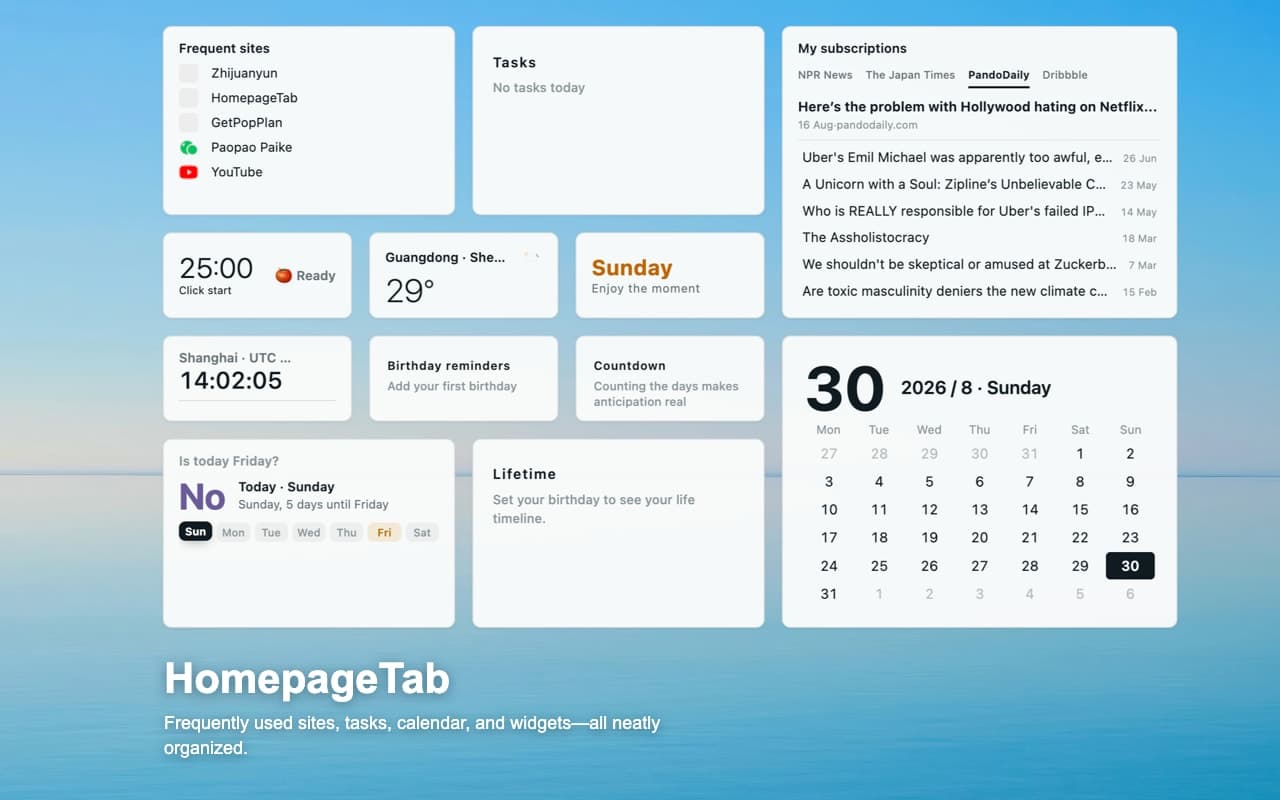 HomepageTab New Tab - HomepageTab replaces the default new tab with your own homepage. Works in Chrome