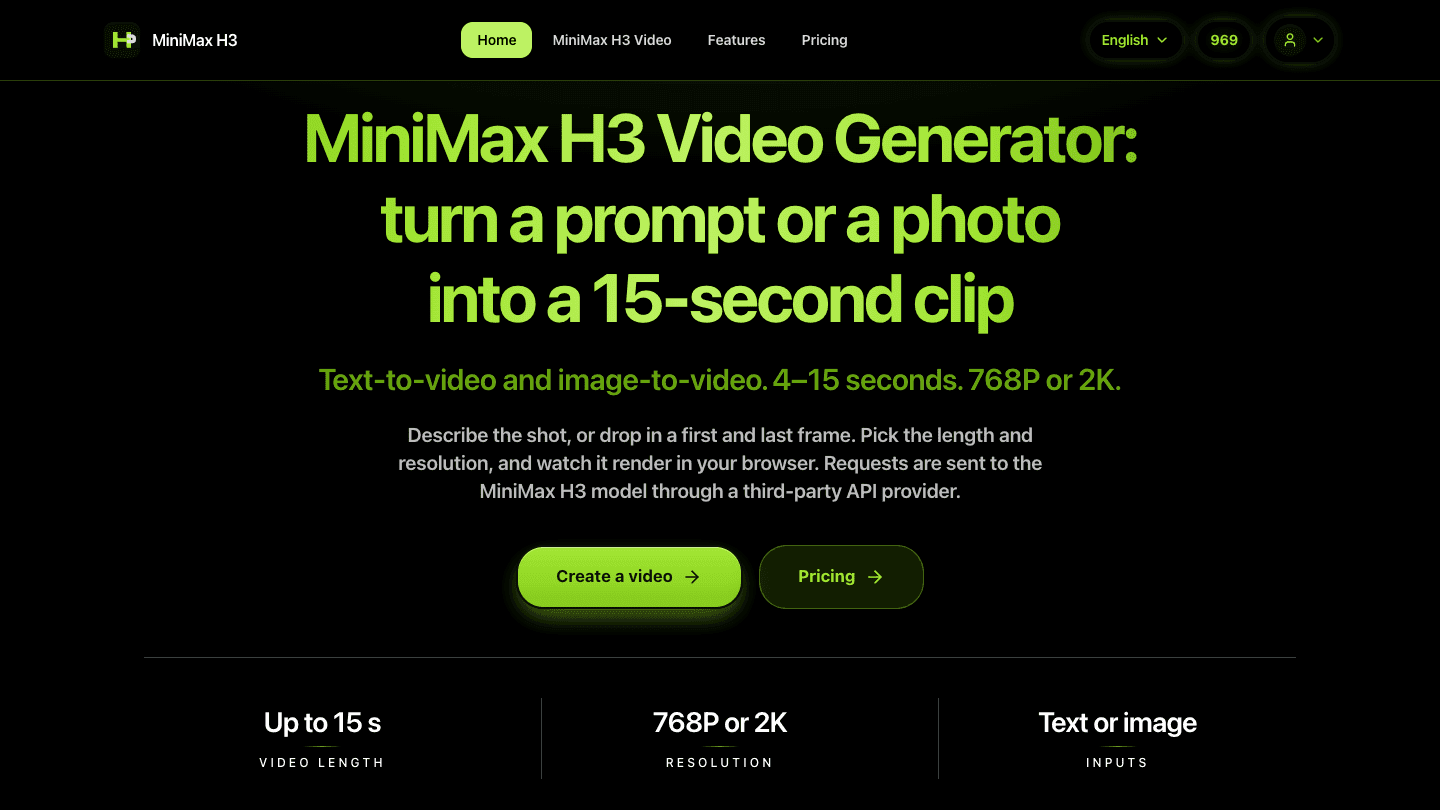 MiniMax H3 Video Generator (h3minimax.com) - Turn a prompt or photo into a 15-second AI video