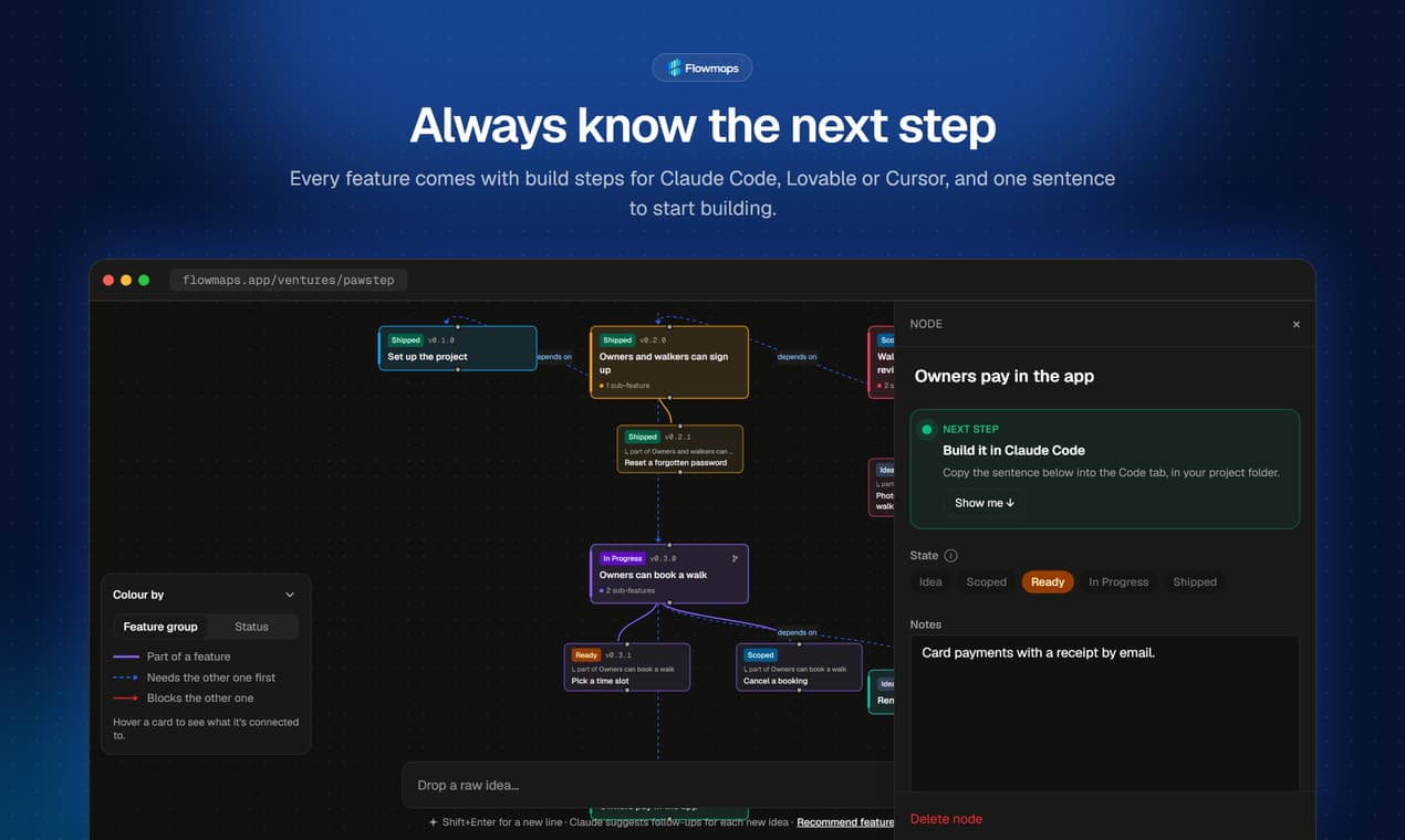 Flowmaps - Plans your app before AI builds it: every feature, in order, with build steps.