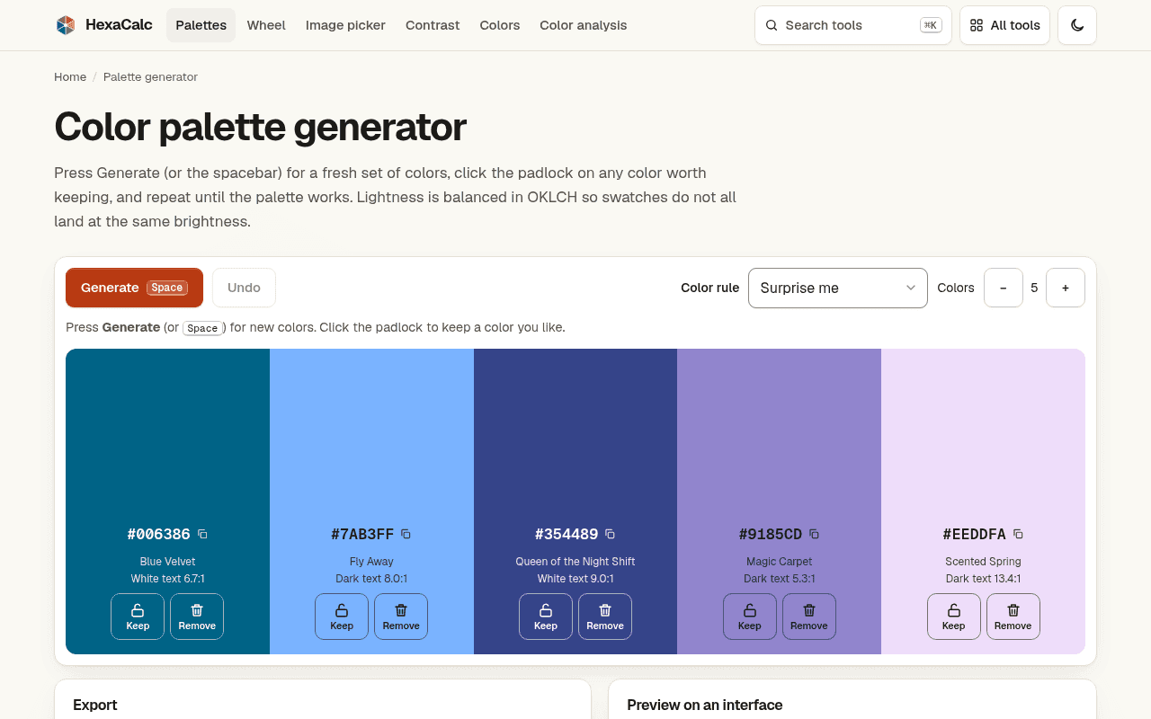 HexaCalc - Free color tools: palettes, pickers, contrast, converters
