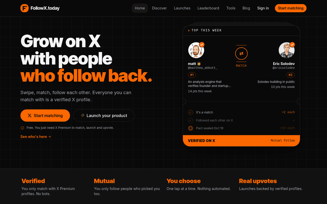 FollowX - Free launchpad where every upvote is a verified X account