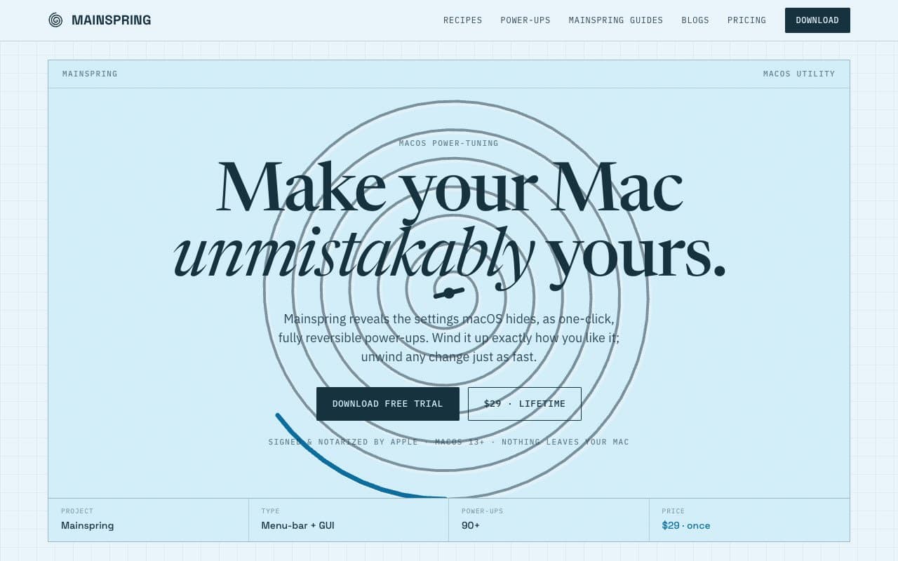 Mainspring - Hidden macOS settings as one-click, undoable switches