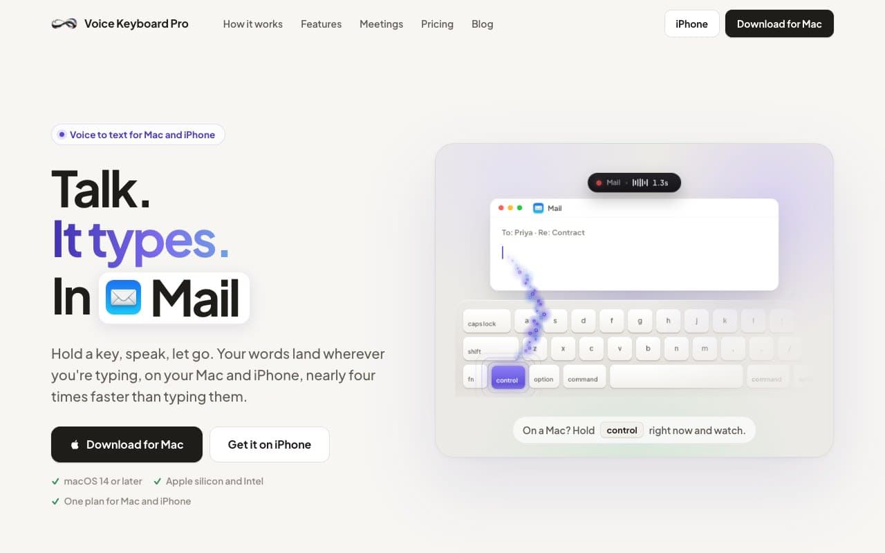 Voice Keyboard Pro - Voice to text in any app on your Mac and iPhone