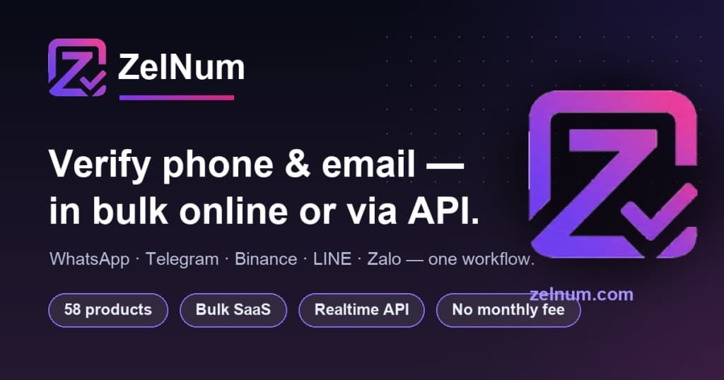 ZelNum - Bulk WhatsApp, Phone & Email Verification — 58 Check Tools