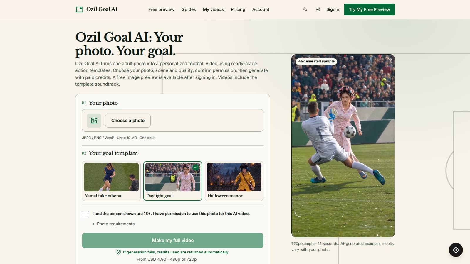Ozil Goal AI - Turn an adult photo into a short AI football goal video